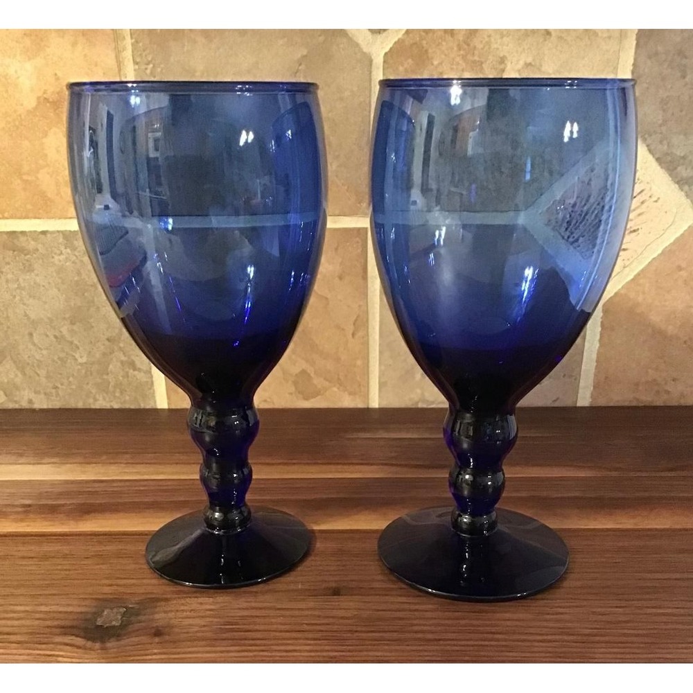 Vintage Cobalt Blue Glass Goblets Set of 2 Beaded Stem Water Wine Glasses 7 inch